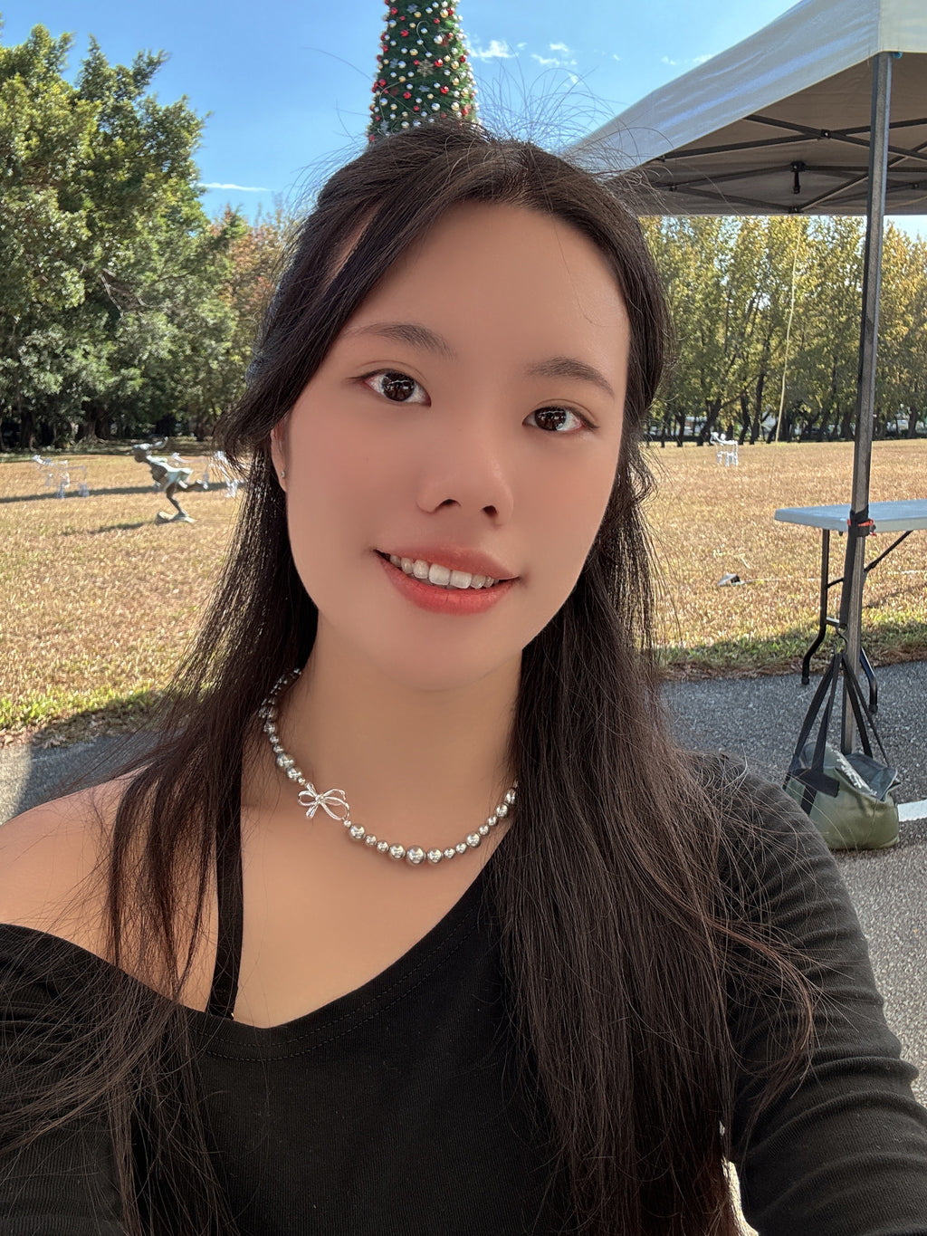 蝴蝶結灰珍珠頸鏈