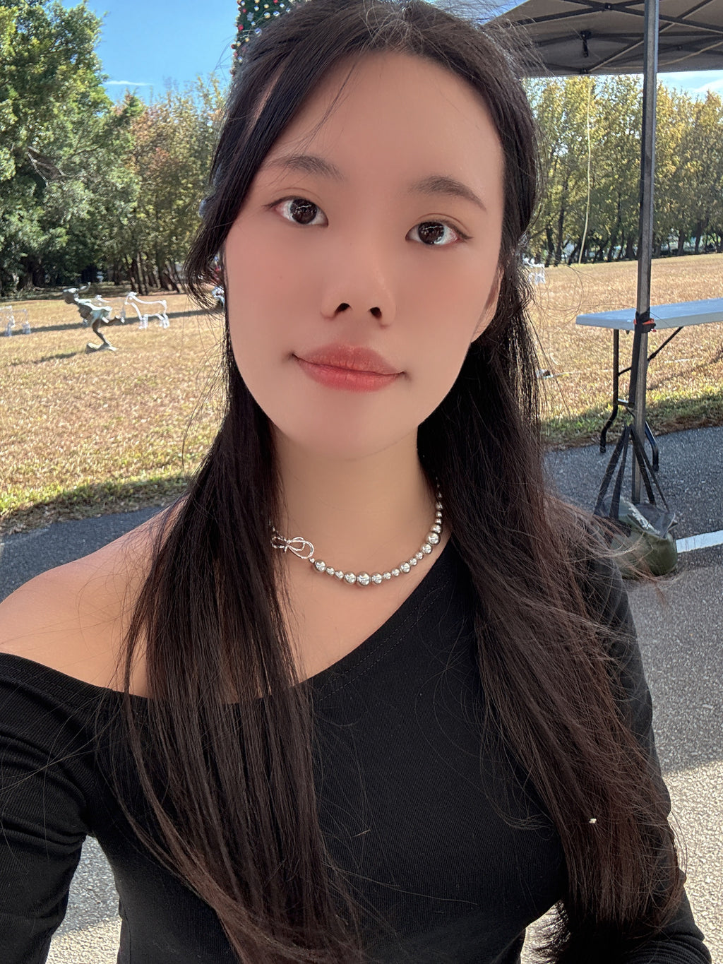 蝴蝶結灰珍珠頸鏈