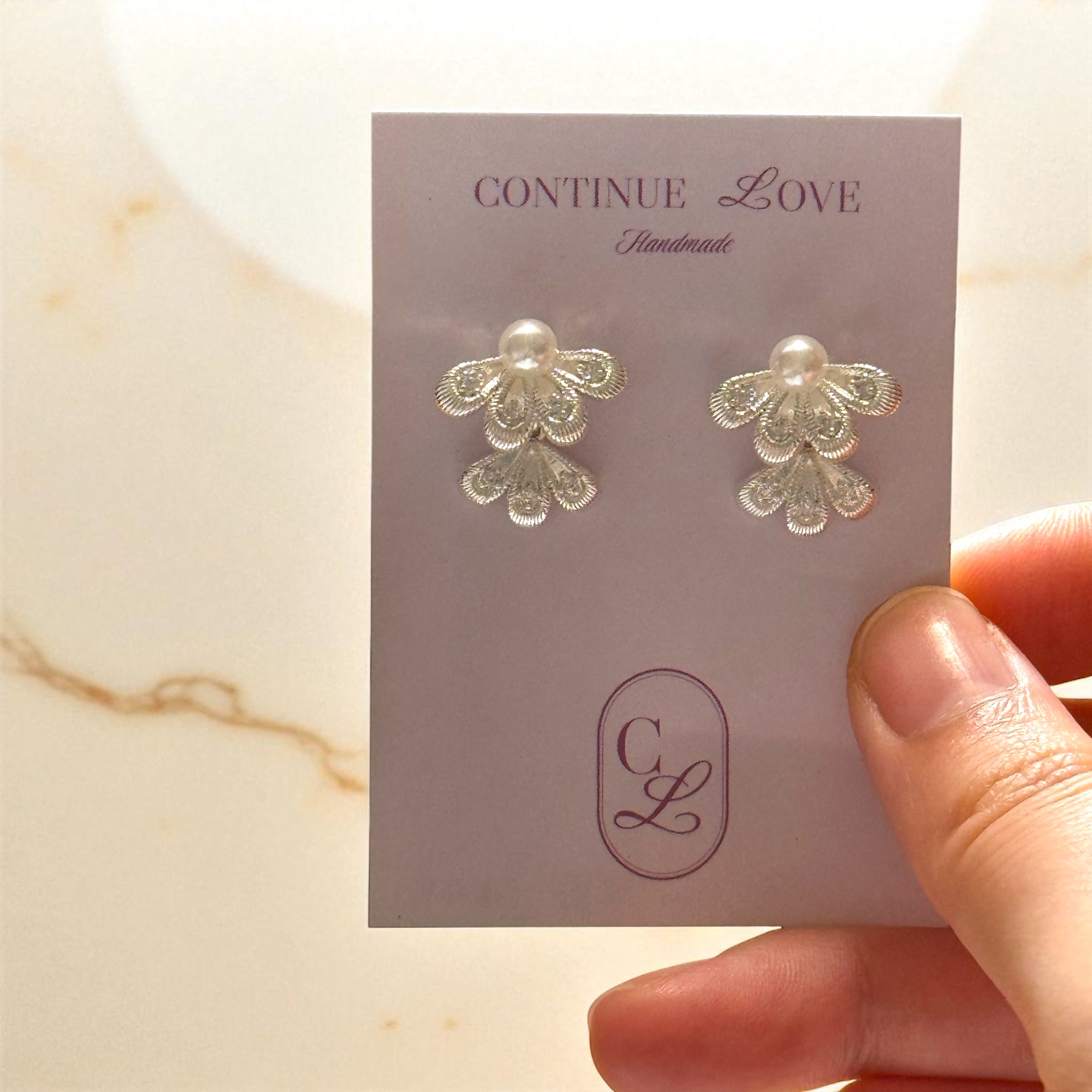 銀羽扇小珍珠耳環