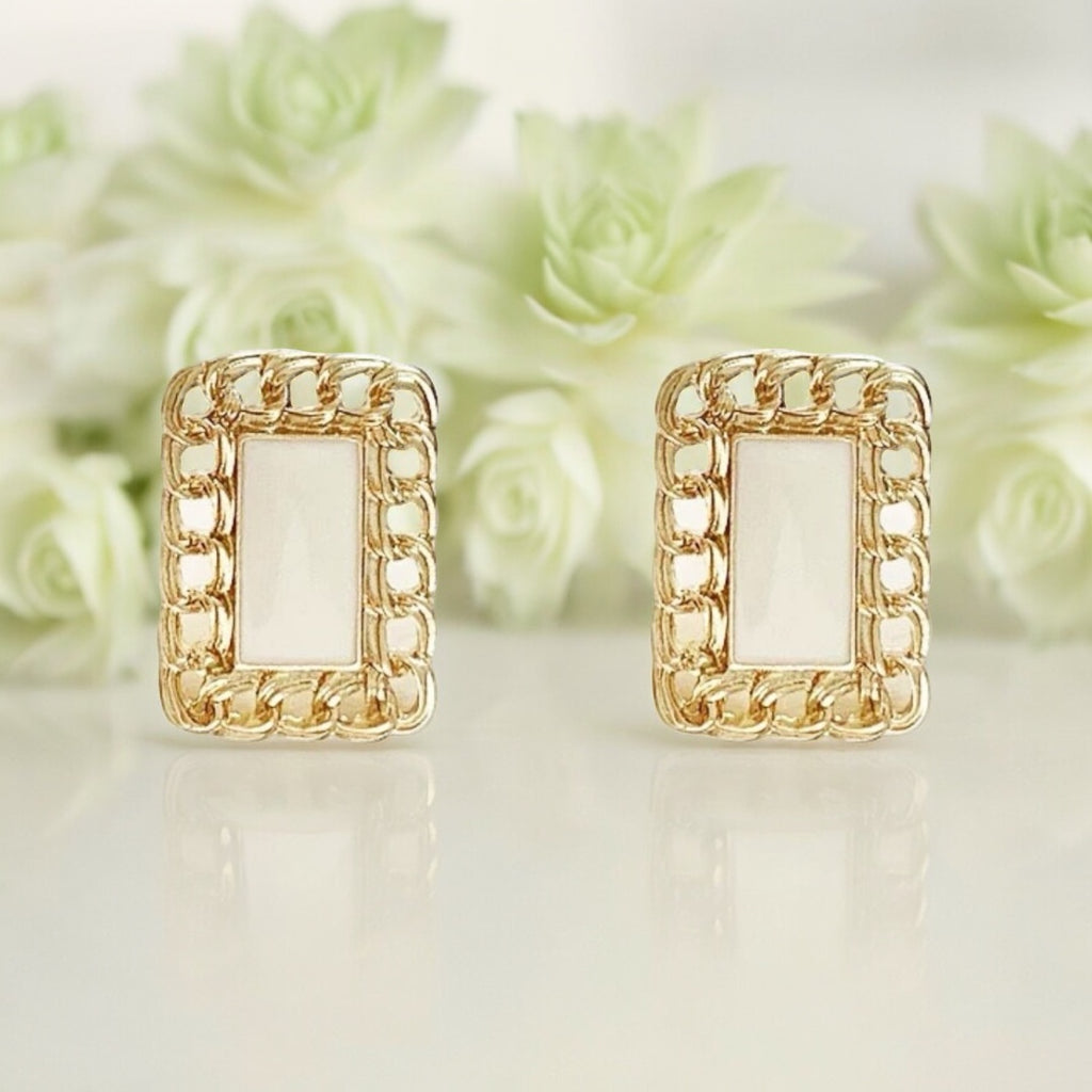 復古奶白畫框耳環