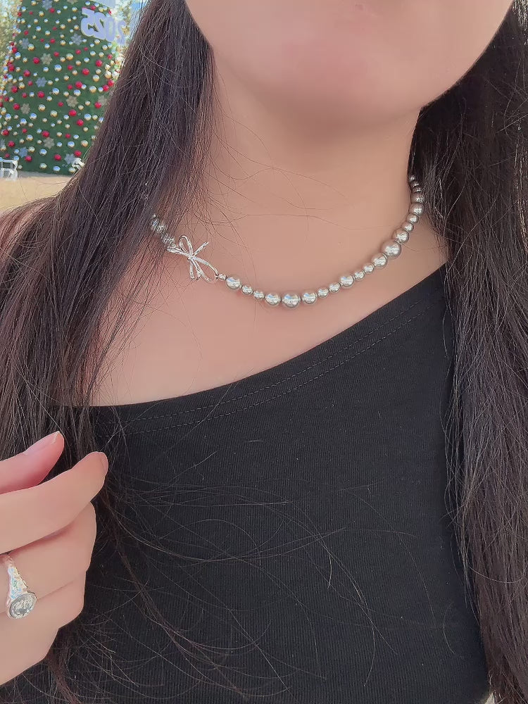 蝴蝶結灰珍珠頸鏈